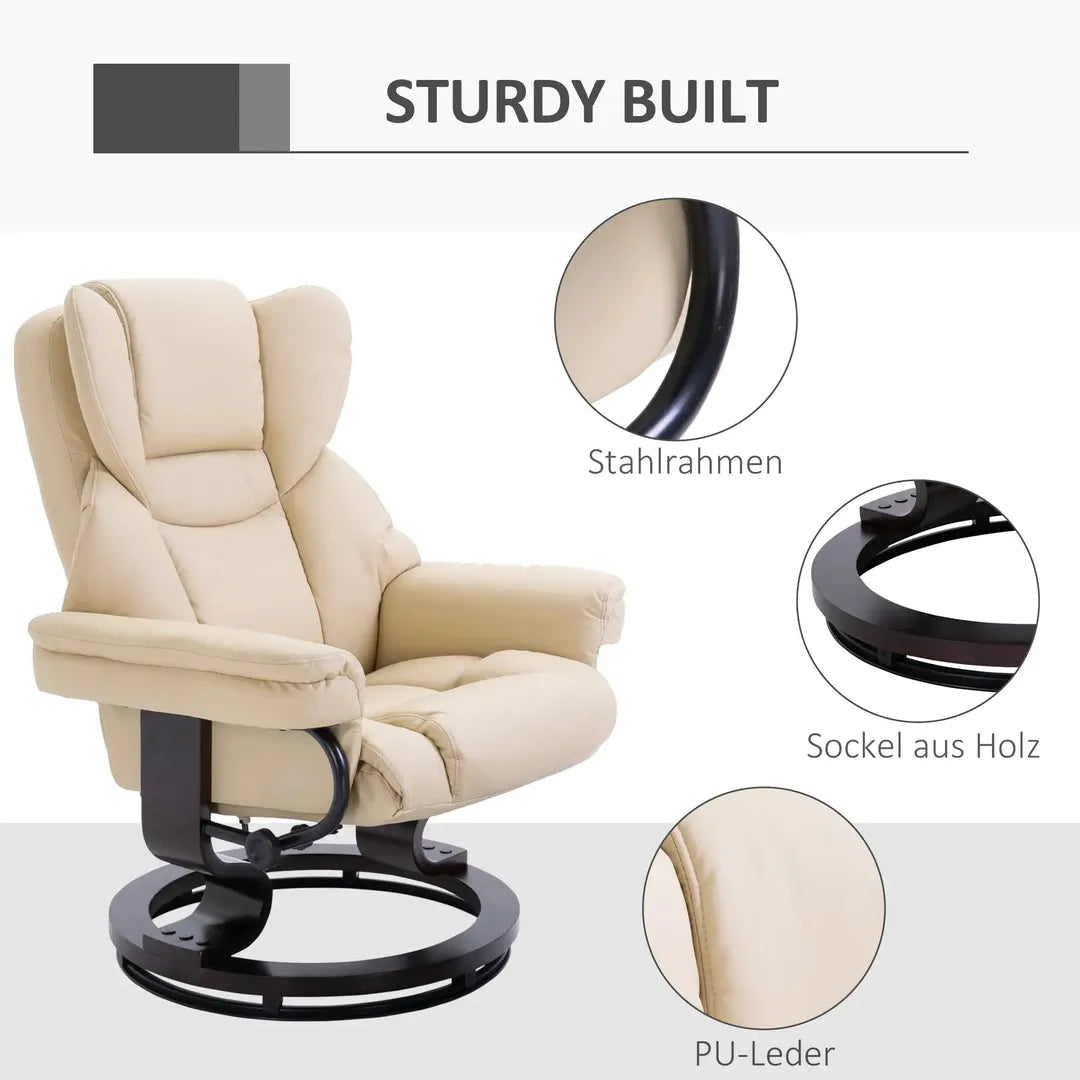 Fauteuil met Hocker – Draaibare Relaxstoel met Ligfunctie van Kunstleer en Metalen Frame, Crème, 80 x 79 x 100 cm