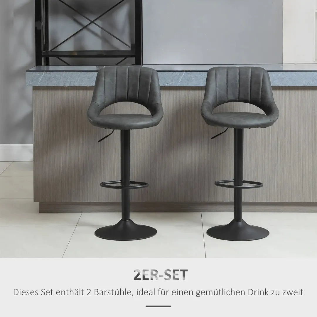Barkrukken Set van 2 – In Hoogte Verstelbaar en Draaibaar met Voetsteun – Lederlook en Metalen Frame – Grijs – 44 x 49 x 90-110 cm