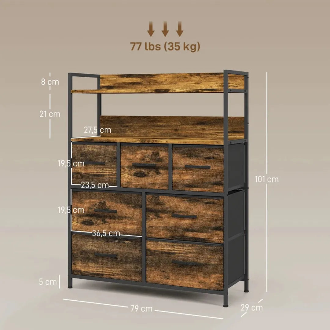 Dressoir met 7 stoffen lades en 2 open planken – Opbergkast met stalen frame – Bruin