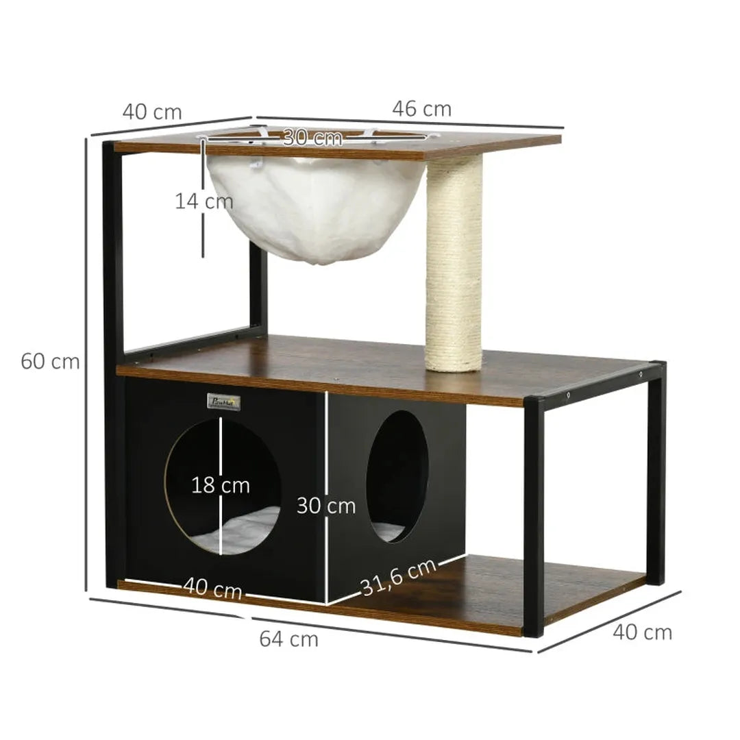 Kattenhuis met hangmat – kattenverblijf met sisal krabpaal – kattenboom van grenenhout – naturel – 70 x 35 x 60 cm