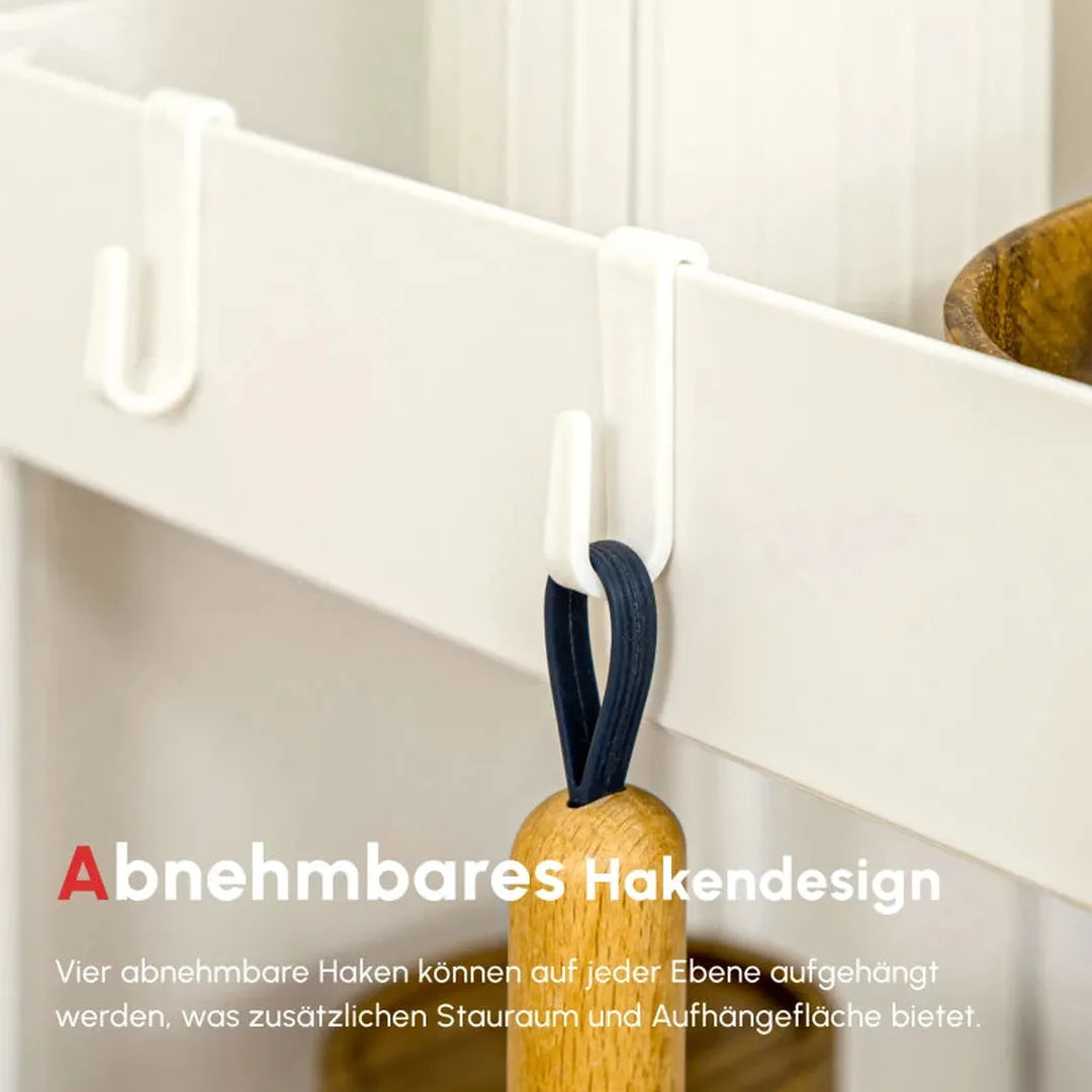 Keukenwagen met 4 legplanken en 4 haken – op wielen – Wit – 40 × 19 × 90 cm