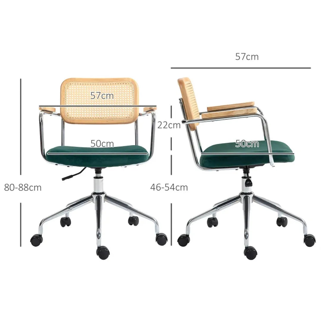 Bureaustoel groen – draaistoel in boho-stijl met houten armleuningen, verstelbaar, stalen frame, max. 120 kg belastbaar