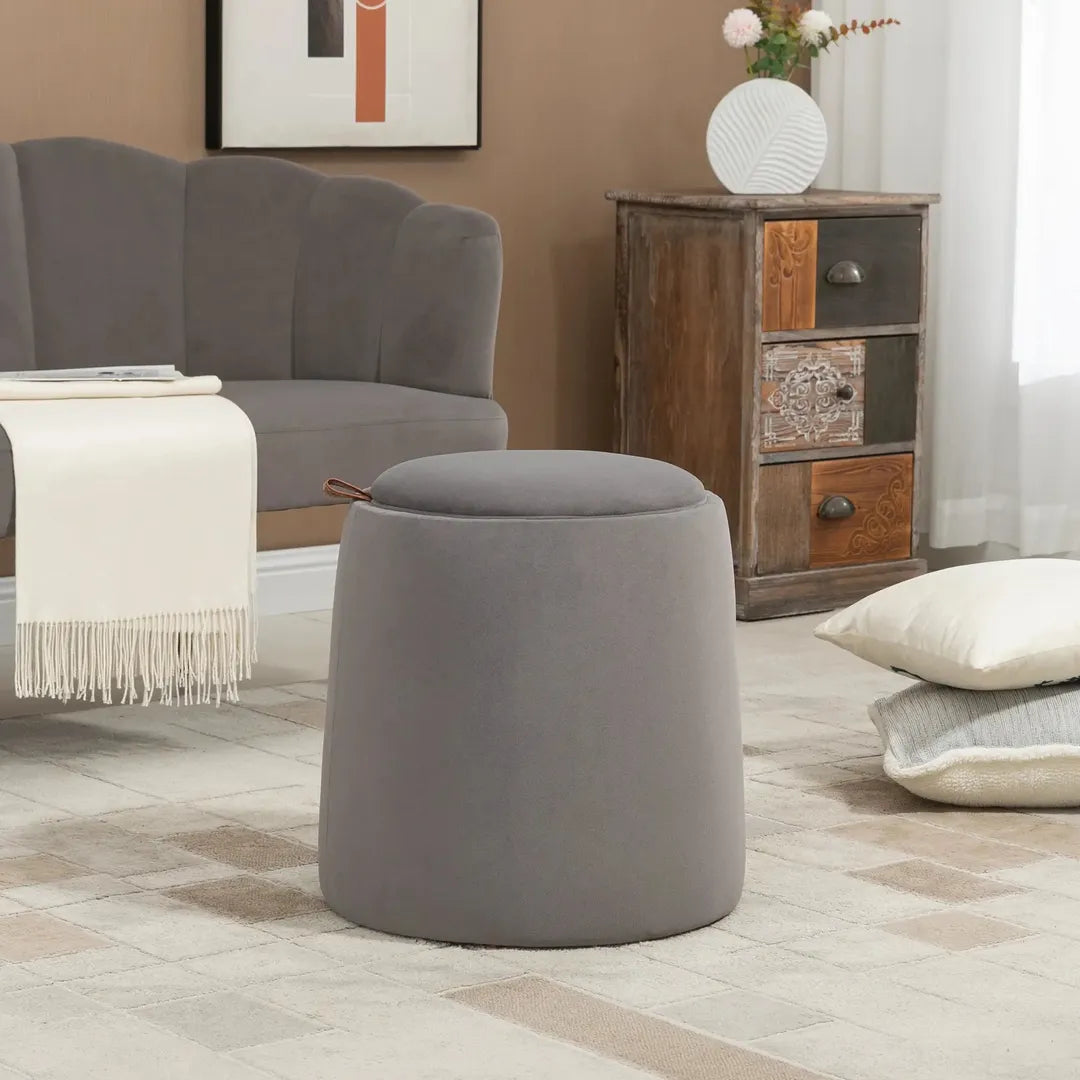 Poef – Moderne Voetenbank – Donkergrijs met Bruin – Stoffen Bekleding en Houten Poten