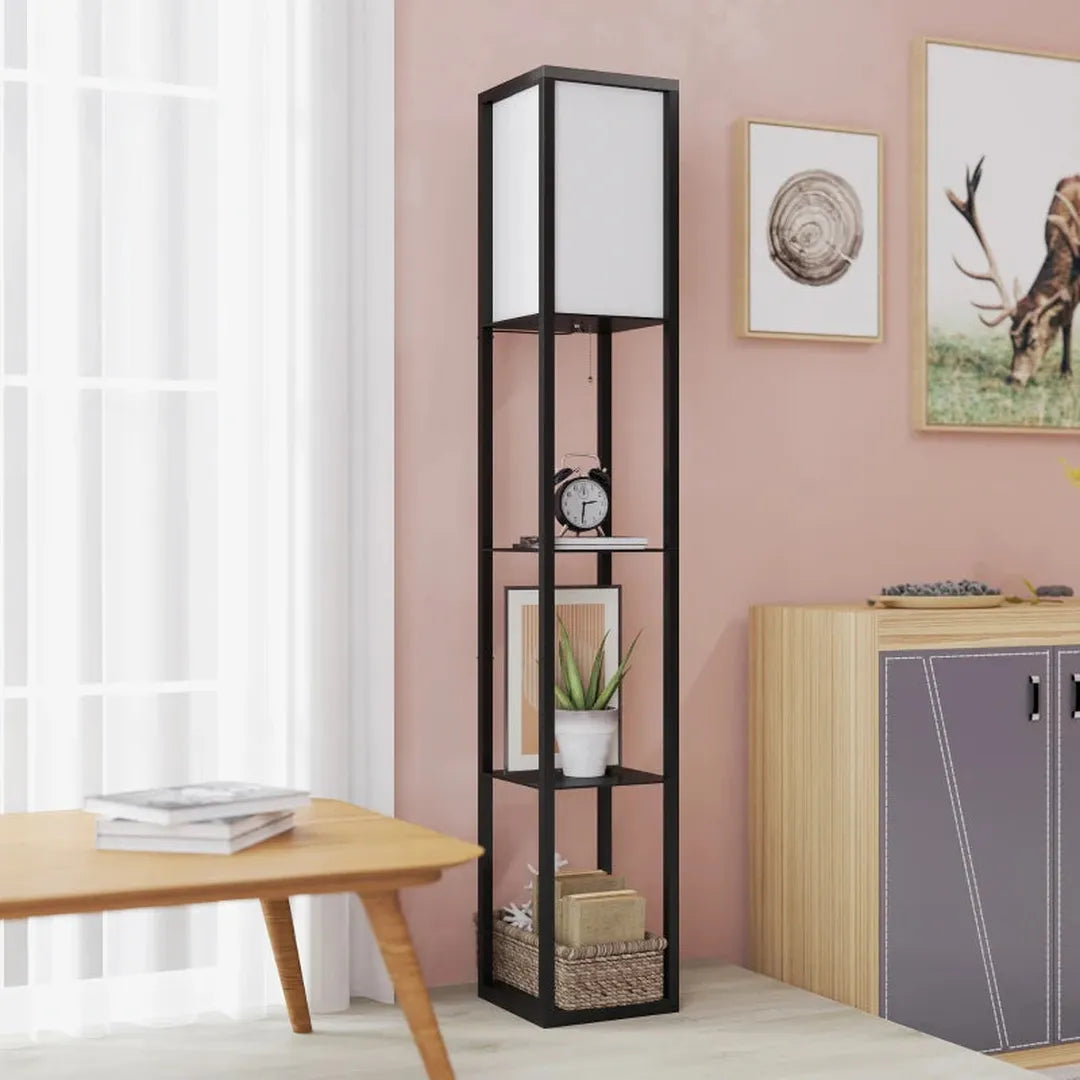 Staande lamp met planken – houten frame – 26 x 26 x 160 cm – zonder lamp