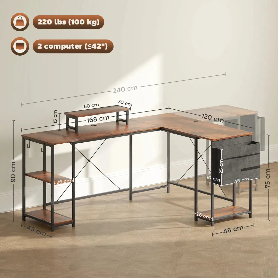 L-vormig bureau met verstelbare legplanken en monitorstand – hoekbureau met opbergtas, bruin