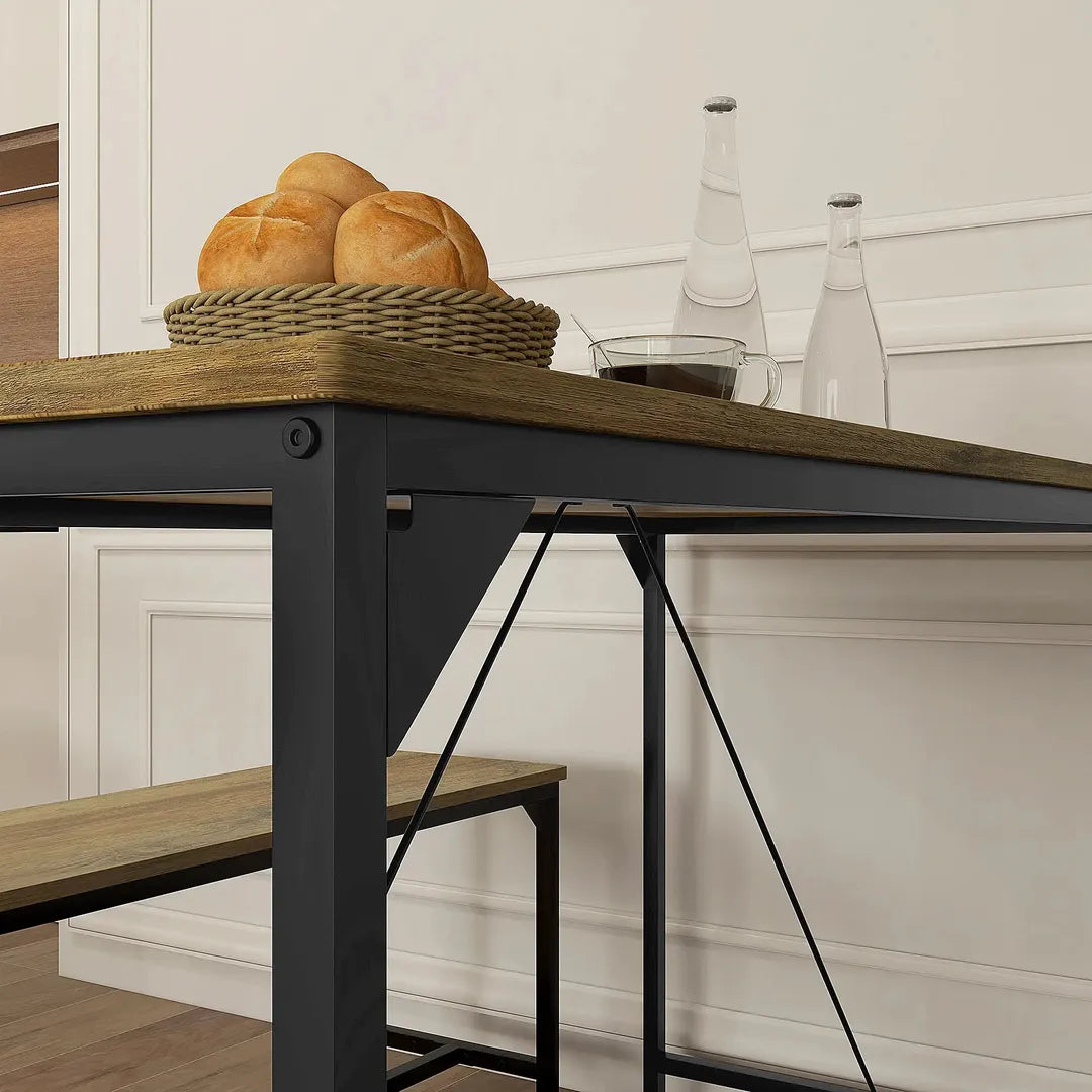Eettafelset voor 4 Personen – Tafel met 2 Banken van Metaal en Hout, Industrieel Design, 120 x 70 x 75 cm, Zwart/Natuur