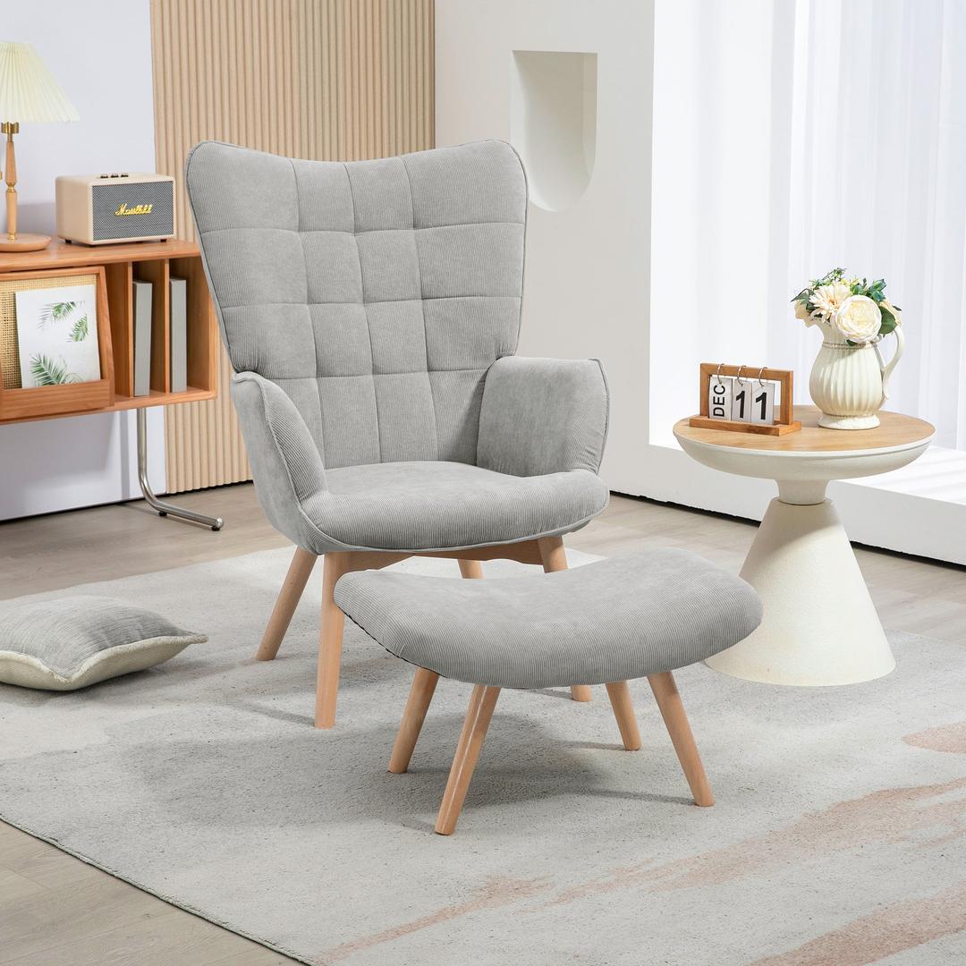 Fauteuil met Hocker – Relaxstoel in Cordstof met Armleuningen en Houten Poten, Grijs, voor Woonkamer