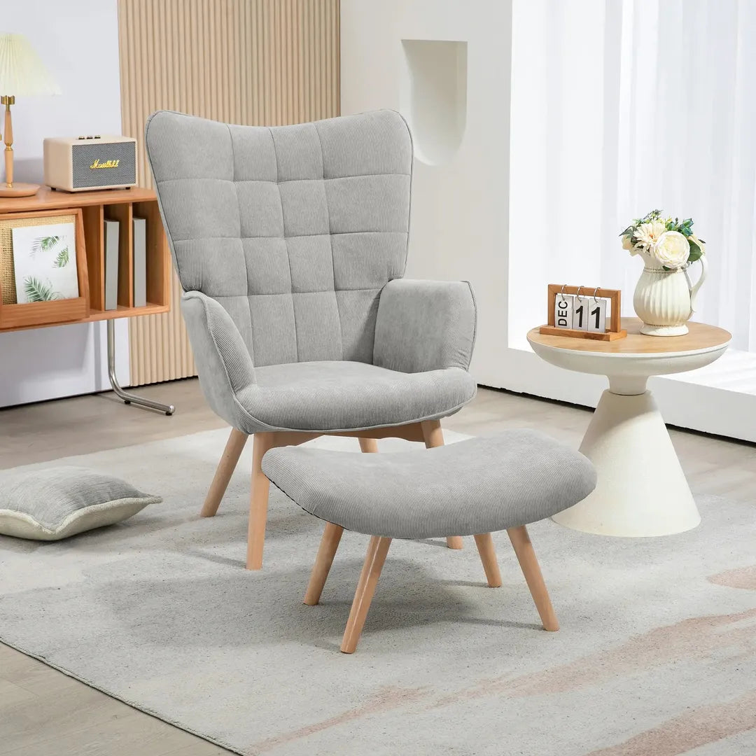 Fauteuil met Hocker – Relaxstoel in Cordstof met Armleuningen en Houten Poten, Grijs, voor Woonkamer