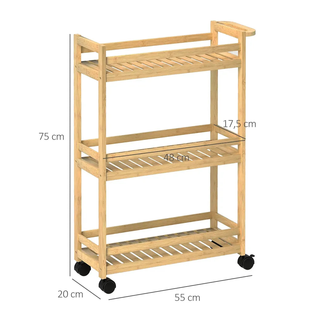 Serveerwagen – 3 lagen met lattenbodems en valbescherming – Bamboe – 55 × 20 × 75 cm