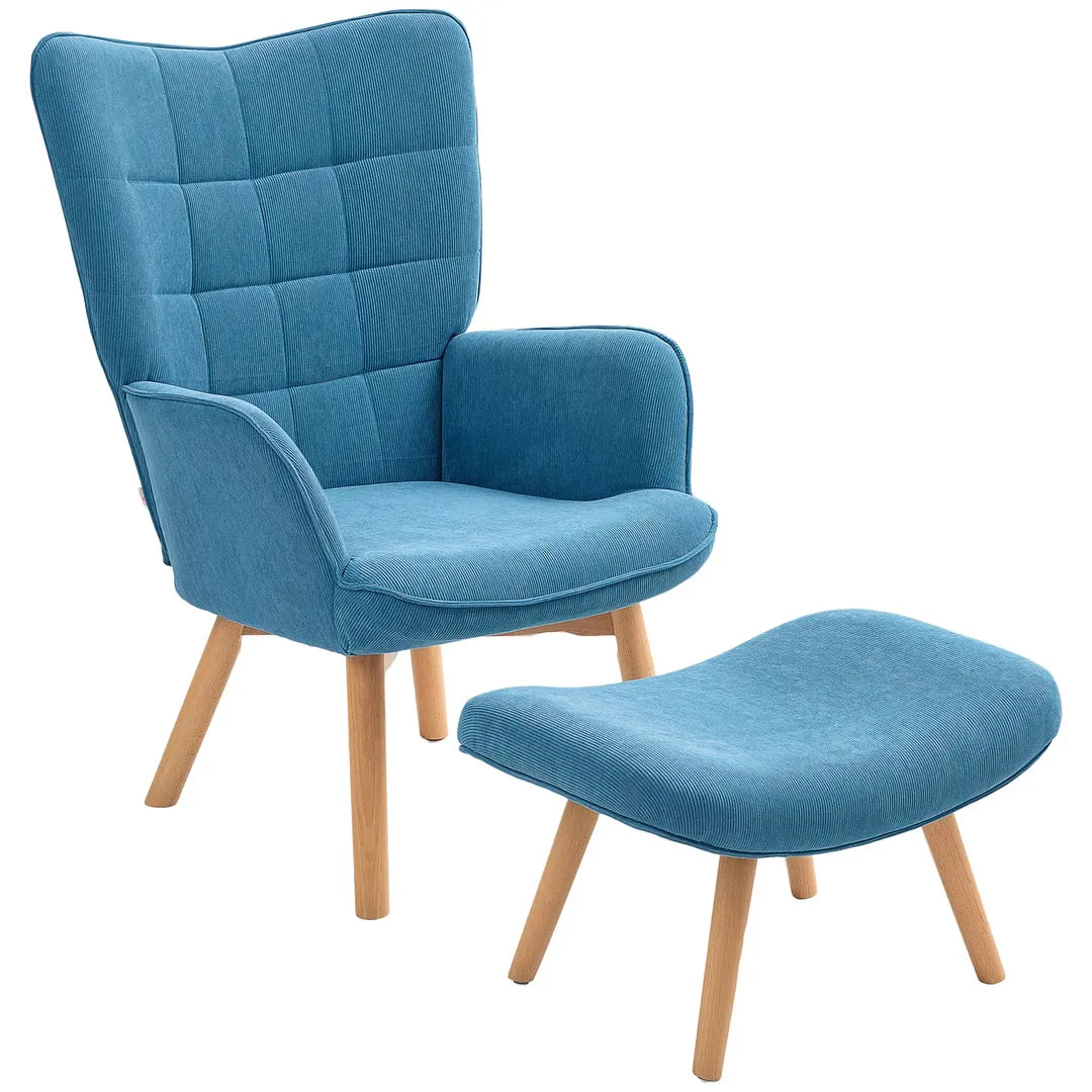 Fauteuil met Hocker – Relaxstoel in Cordstof met Armleuningen en Houten Poten, Grijs, voor Woonkamer