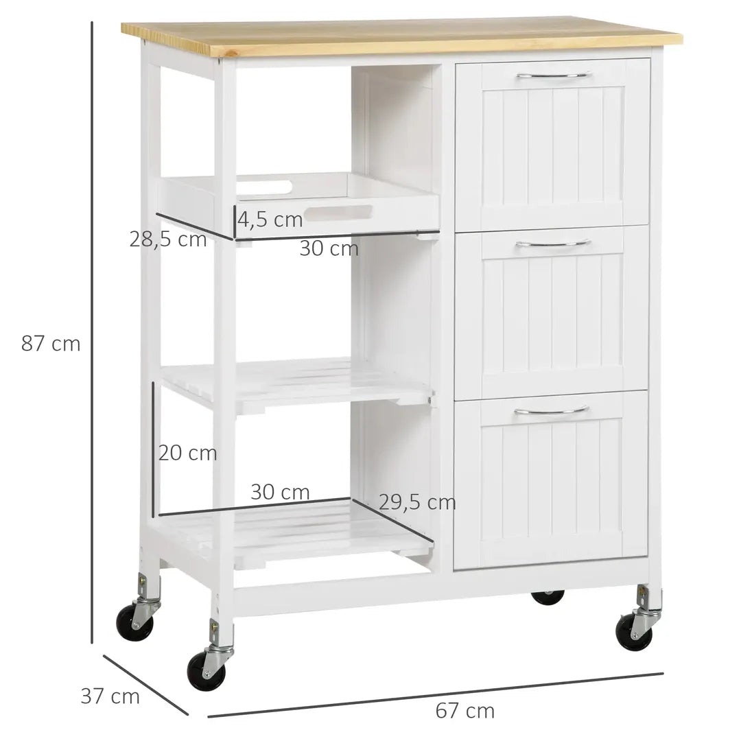 Keukentrolley met 1 Kruidenrek en 1 Handdoekhouder – 109 x 40 x 89 cm, Witte Servierwagen op Wielen