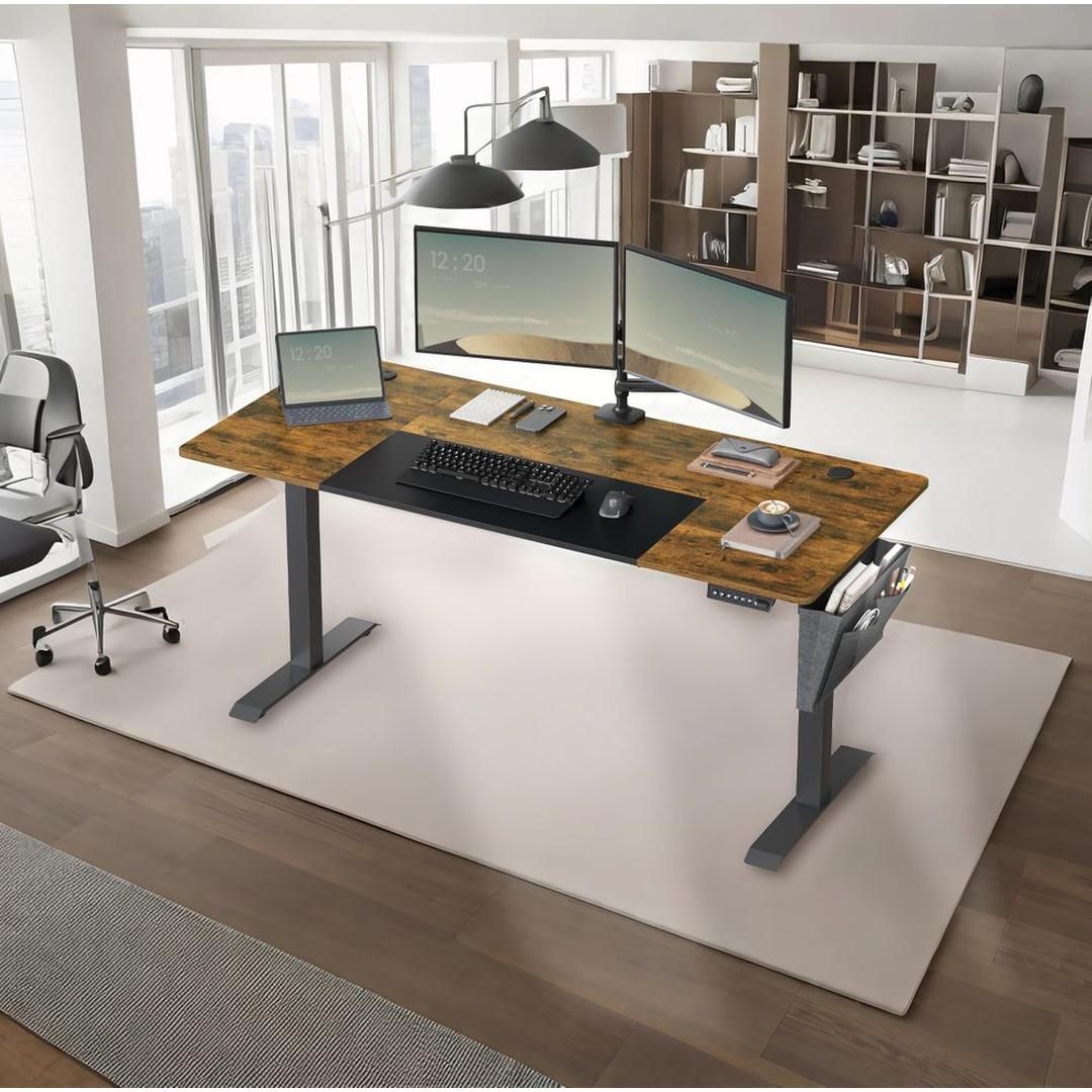 In hoogte verstelbaar elektrisch bureau 70×160 cm – pastelgeel blad met witte basis – stille motor, 72–120 cm, 70 kg draagvermogen