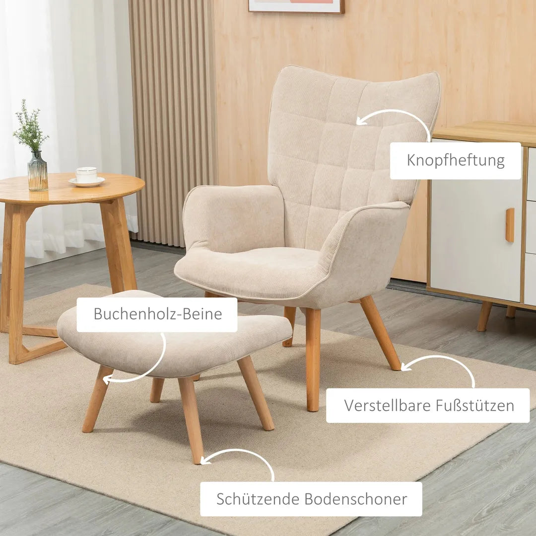 Fauteuil met Hocker – Relaxstoel in Cordstof met Armleuningen en Houten Poten, Grijs, voor Woonkamer