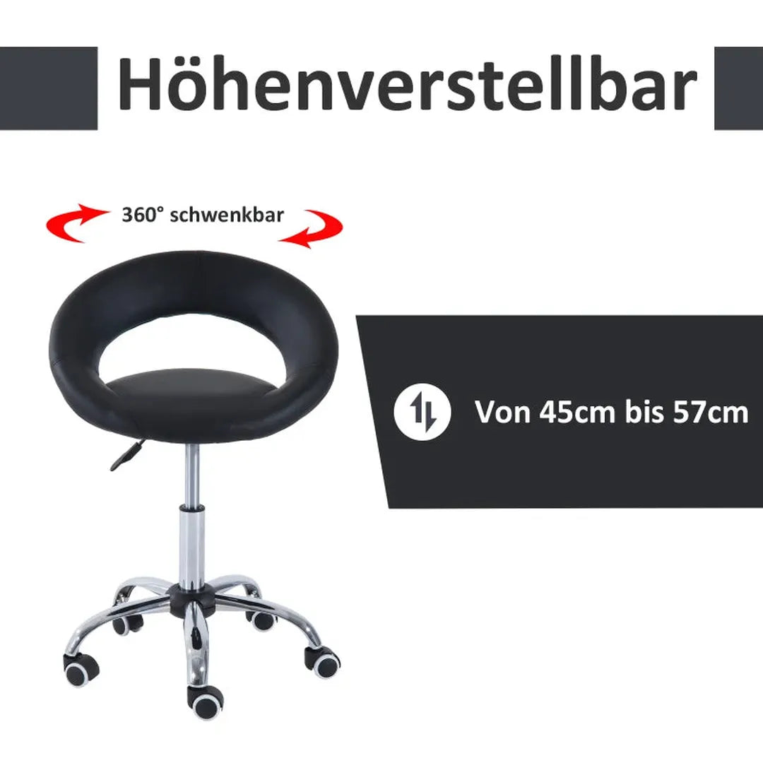 Rollende kruk – 360° draaibaar – in hoogte verstelbaar – PU-zitting – metalen frame – zwart
