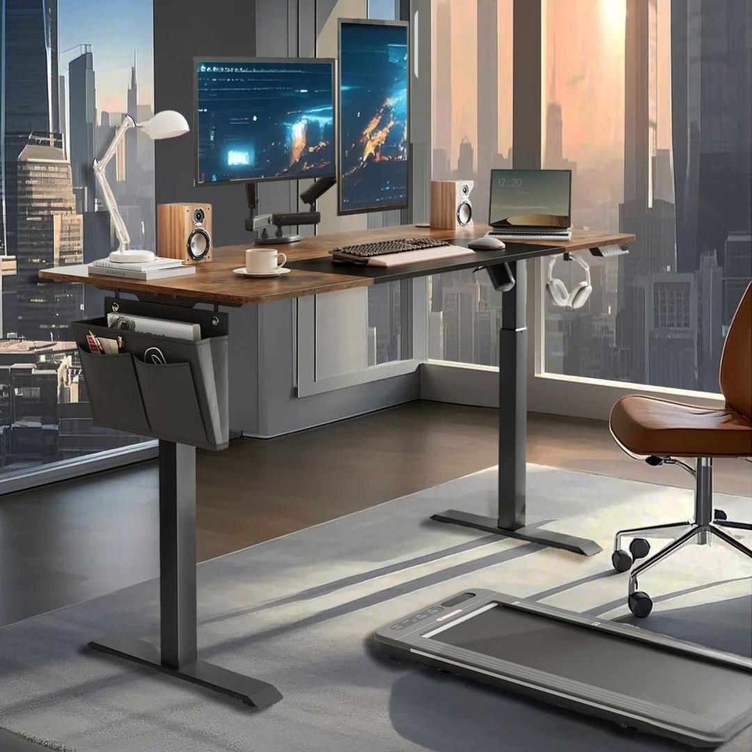 In hoogte verstelbaar elektrisch bureau 70×160 cm – pastelgeel blad met witte basis – stille motor, 72–120 cm, 70 kg draagvermogen