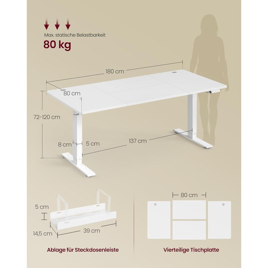 Elektrisch in hoogte verstelbaar bureau – met USB-C, geheugenfunctie, kabelgoot en extra dikke poten