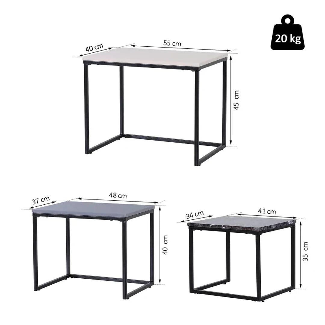 Set van 3 salontafels – stapelbaar – metalen onderstel – MDF blad – 3 kleuren – diverse afmetingen