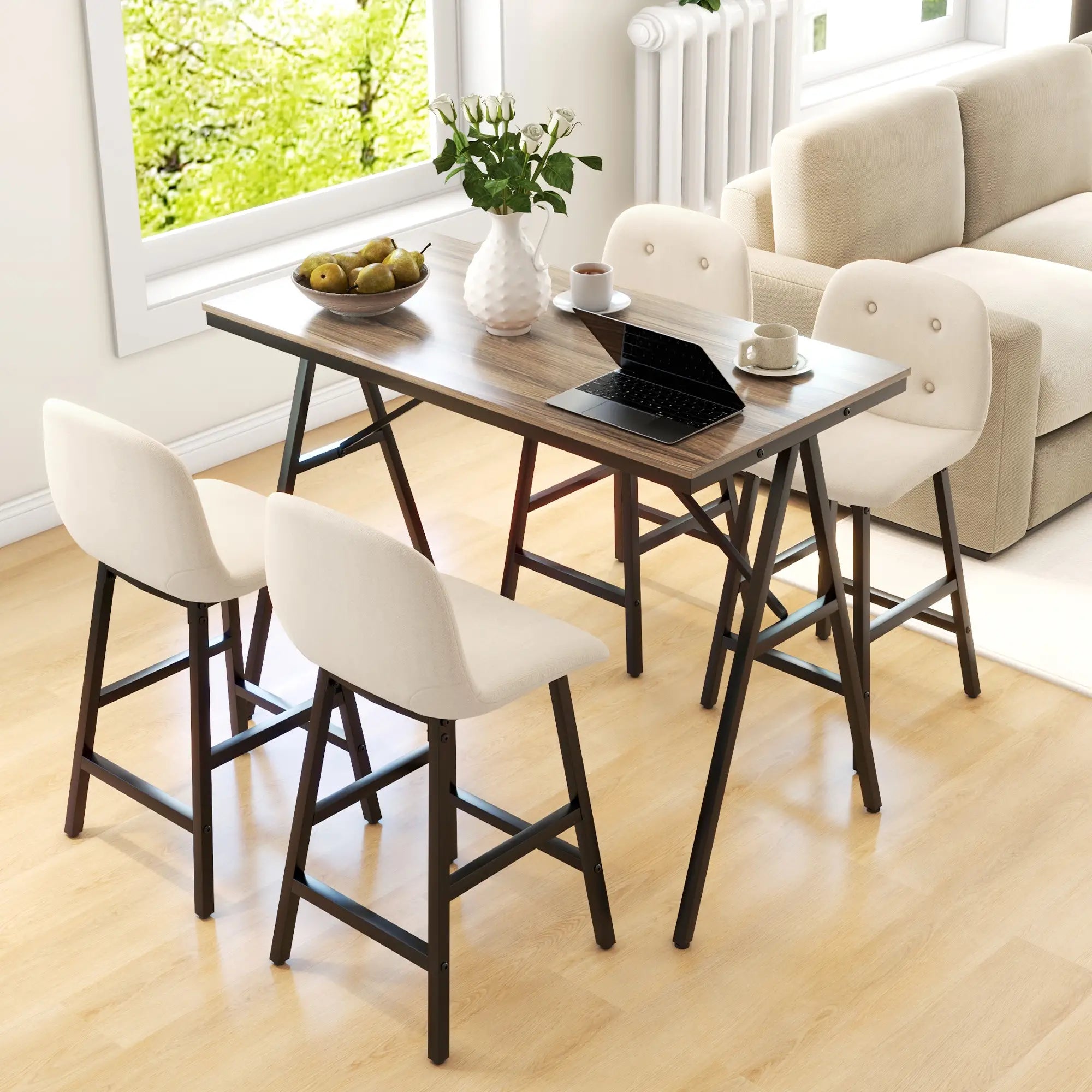 Barkrukset met Tafel – Industrieel Design, 2 Barkrukken met Stiksels, Lichtgrijs, 120 x 60 x 91 cm