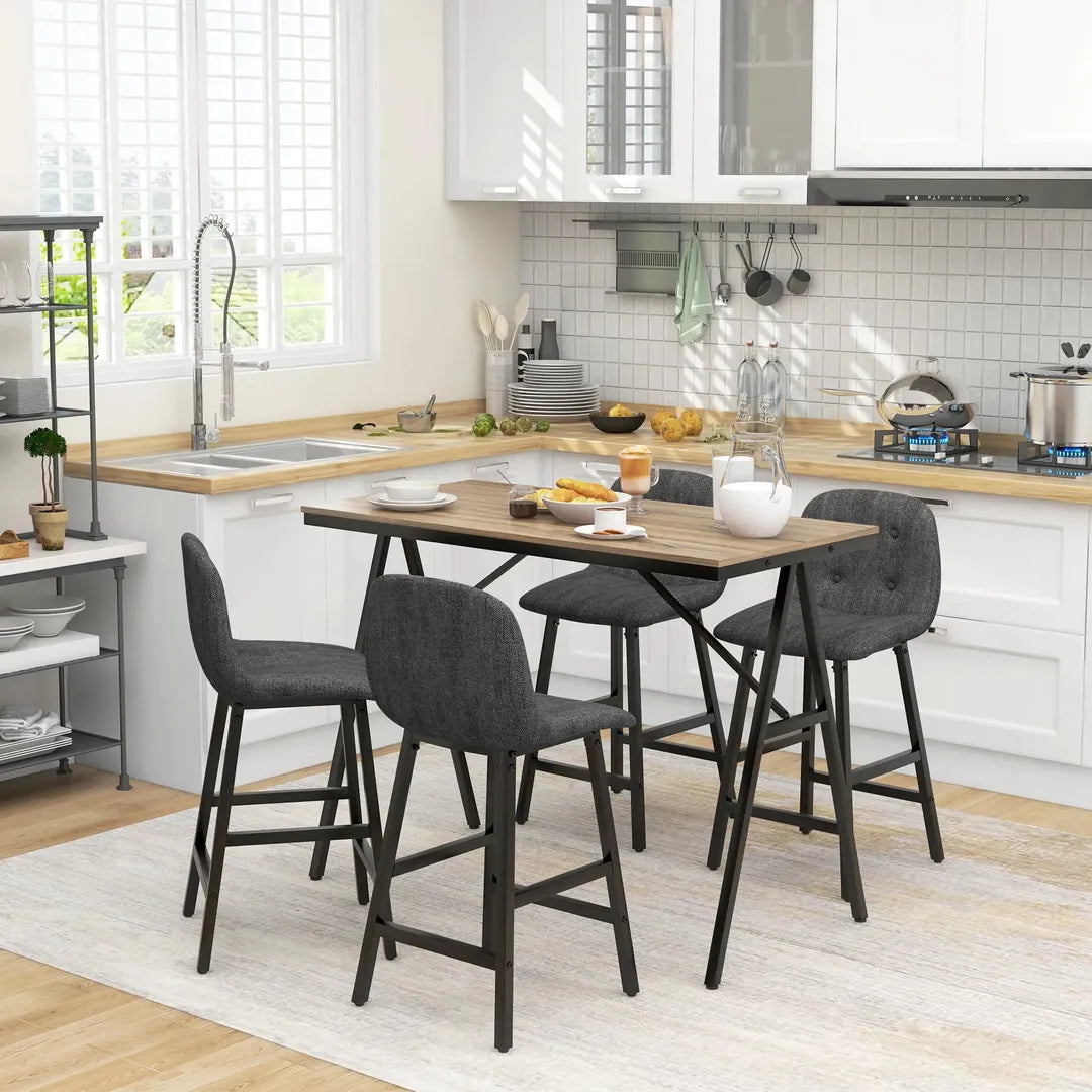 Barkrukset met Tafel – Industrieel Design, 2 Barkrukken met Stiksels, Lichtgrijs, 120 x 60 x 91 cm