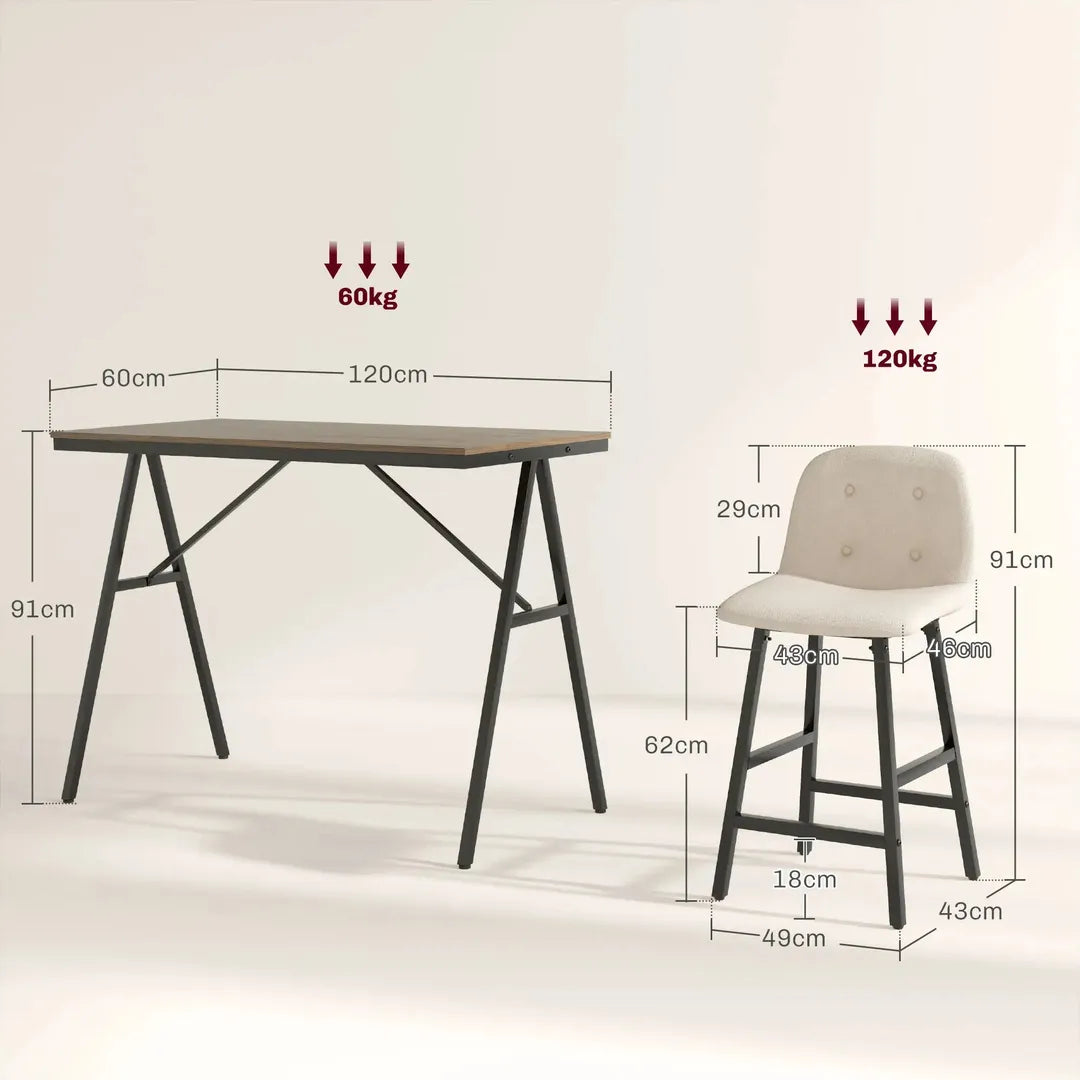 Barkrukset met Tafel – Industrieel Design, 2 Barkrukken met Stiksels, Lichtgrijs, 120 x 60 x 91 cm