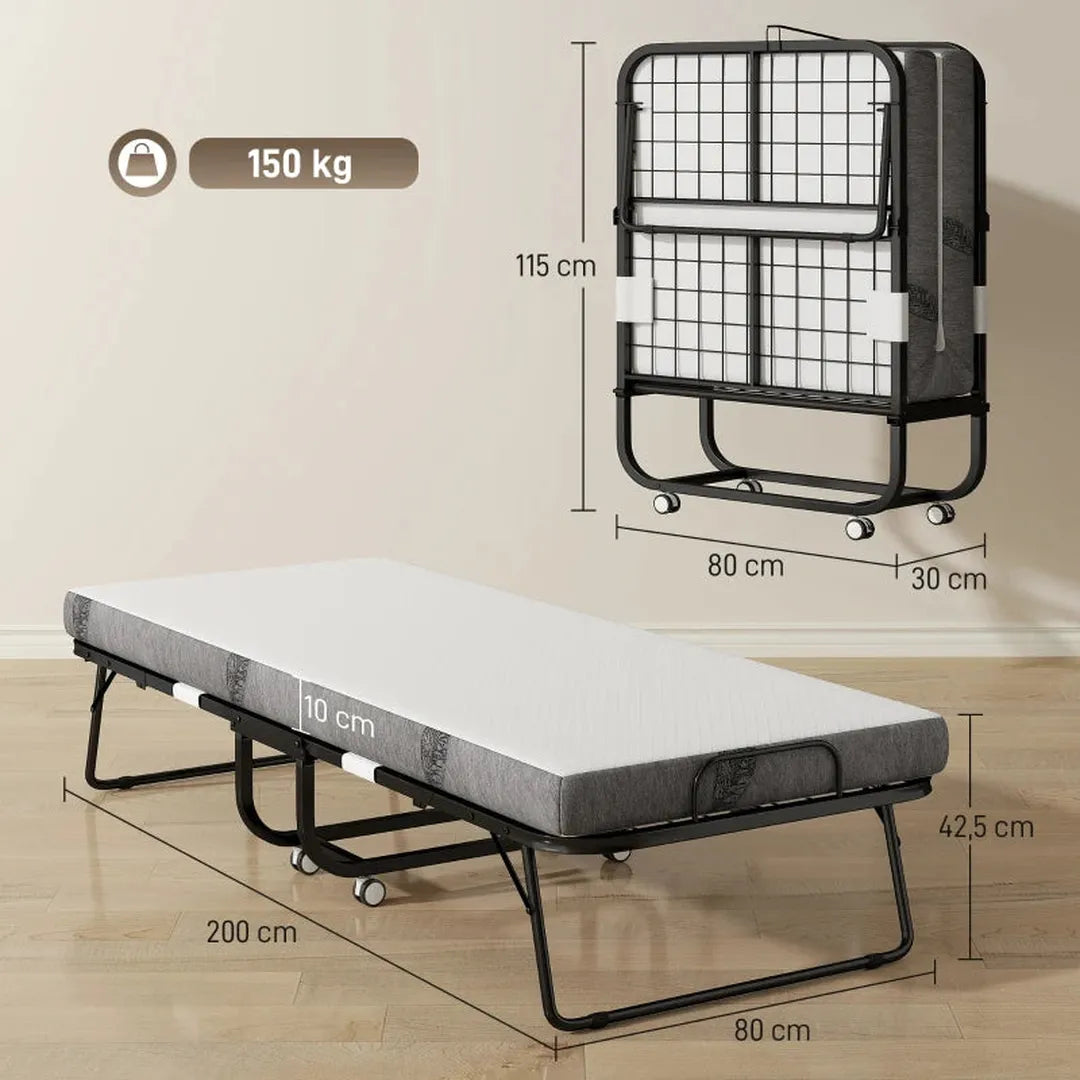 Opklapbaar logeerbed – 80x200 cm – Vouwbed met 10 cm matras en stalen frame – Met wielen – Draagvermogen 150 kg