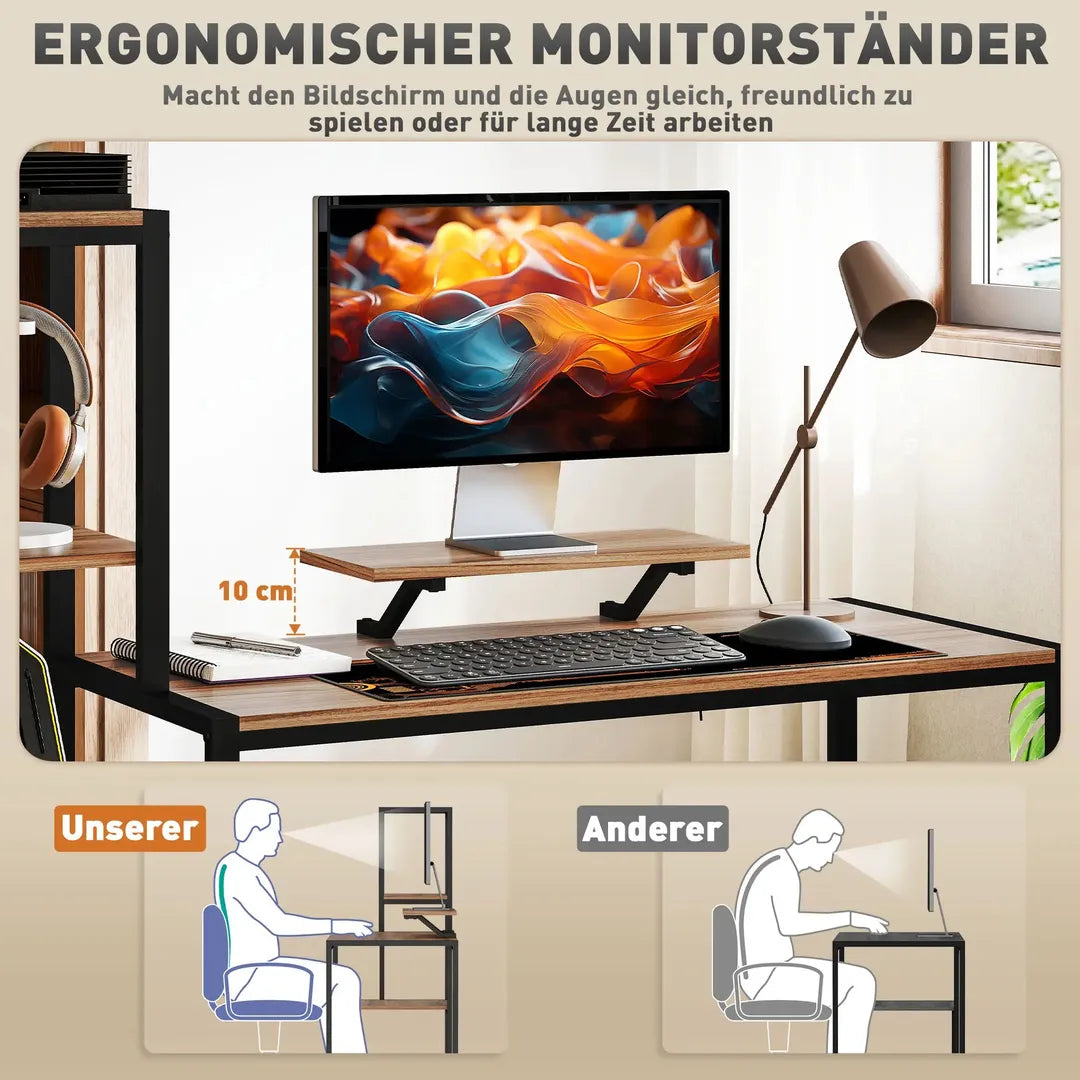 Computertafel met monitorstand en 4-laags rek – bureau in industriële stijl, bruin