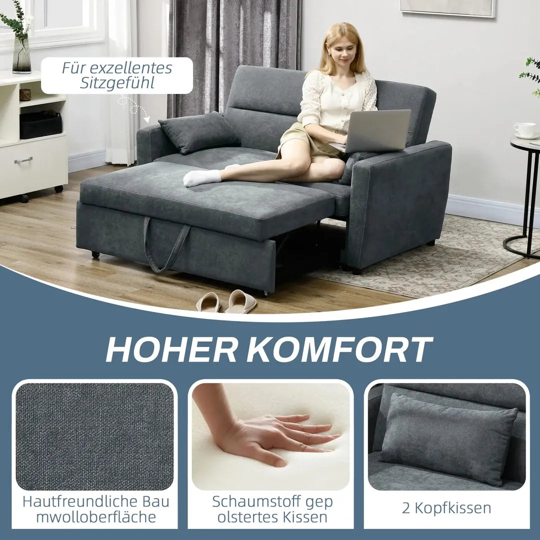 Slaapbank 2-Zits – Uitklapbaar – Houtframe – Donkergrijs – 155 × 90 × 88,5 cm – Max. 200 kg