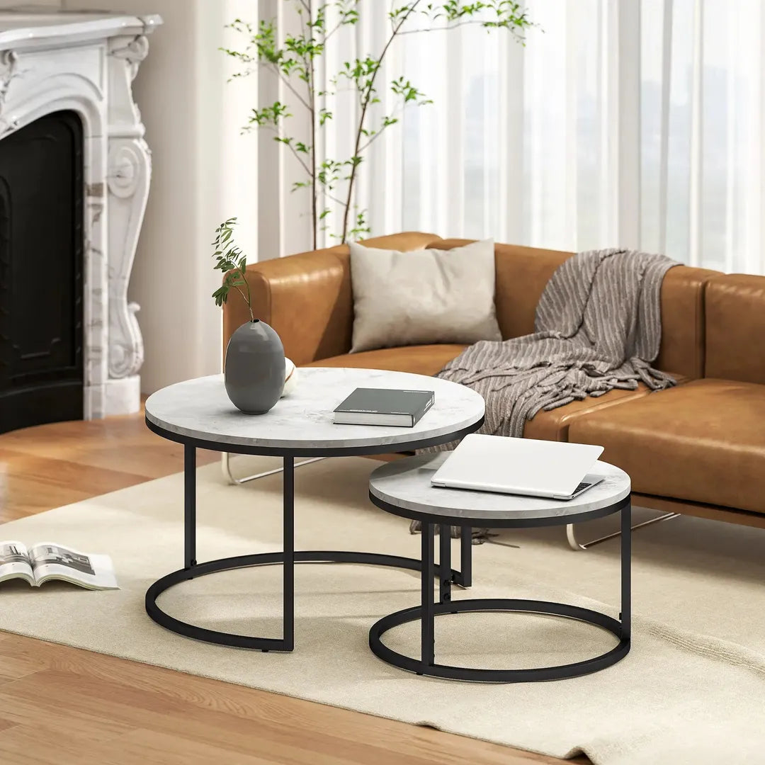 Salontafel Set – 2 Ronde Tafels – Industrieel Design – Metalen Frame – Blad in Marmerlook Grijs