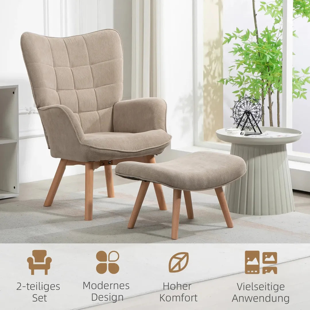 Fauteuil met Hocker – Relaxstoel in Cordstof met Armleuningen en Houten Poten, Grijs, voor Woonkamer