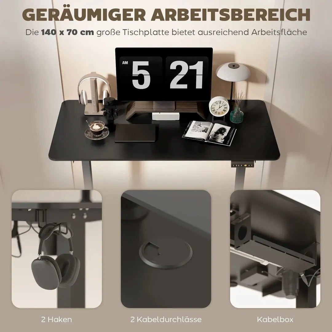 In hoogte verstelbaar sta-bureau – elektrisch computertafel met geheugenfunctie, 140 × 70 × 72–116 cm, wit