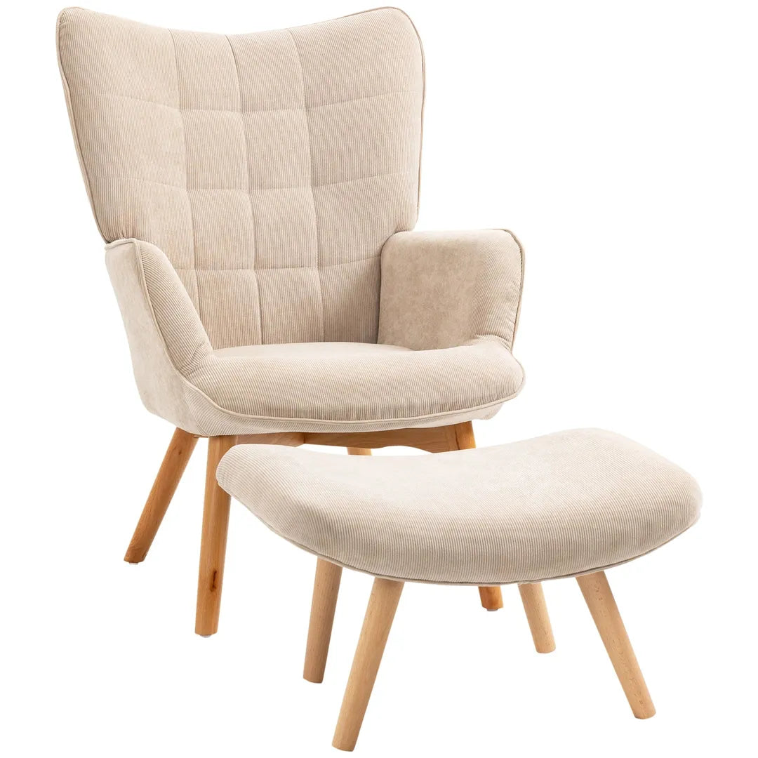 Fauteuil met Hocker – Relaxstoel in Cordstof met Armleuningen en Houten Poten, Grijs, voor Woonkamer