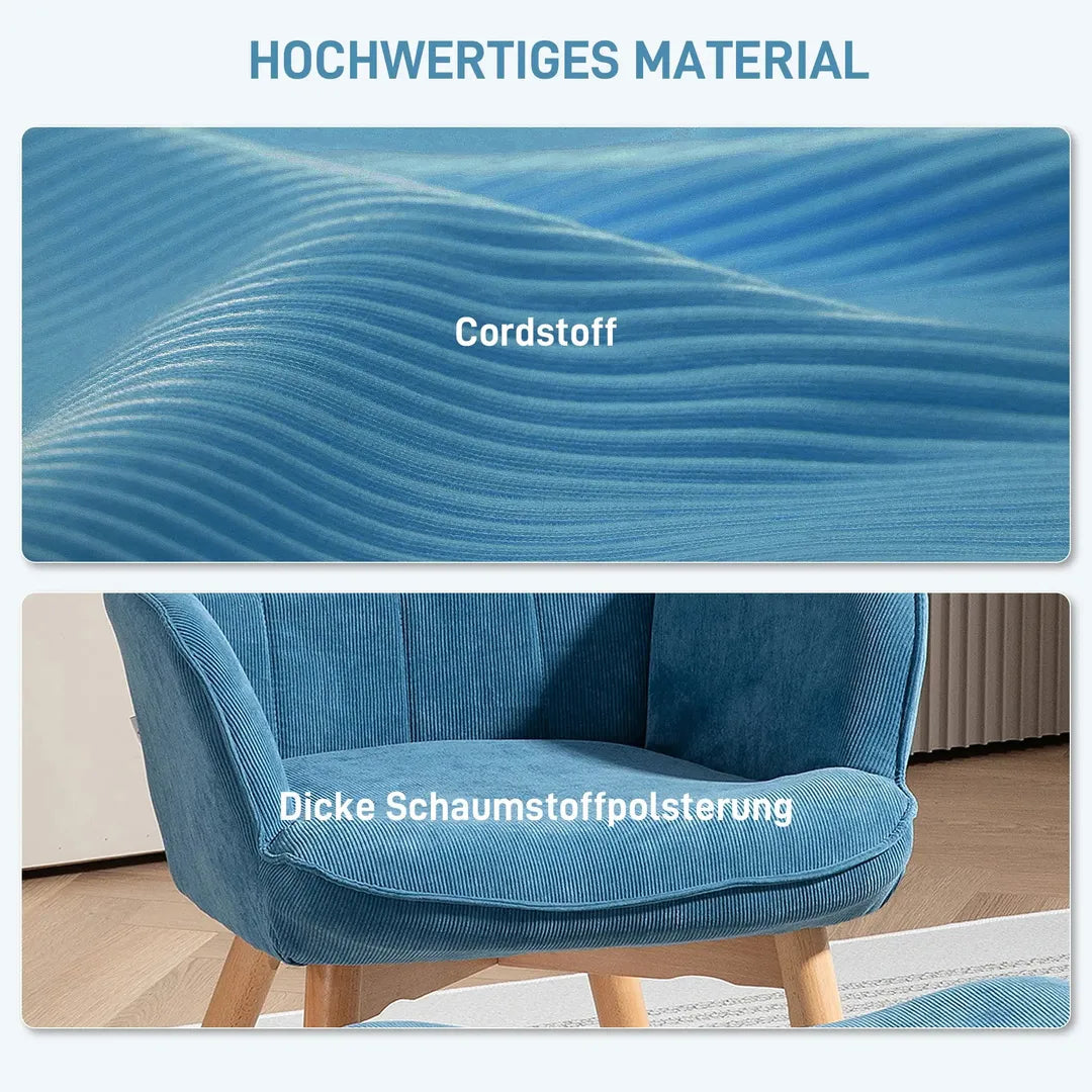 Fauteuil met Hocker – Relaxstoel in Cordstof met Armleuningen en Houten Poten, Grijs, voor Woonkamer