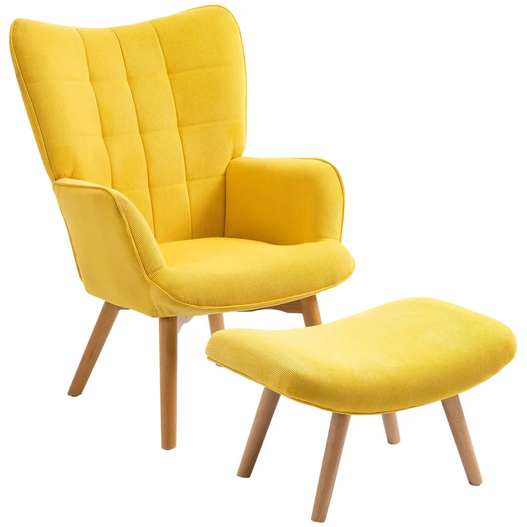 Fauteuil met Hocker – Relaxstoel in Cordstof met Armleuningen en Houten Poten, Grijs, voor Woonkamer