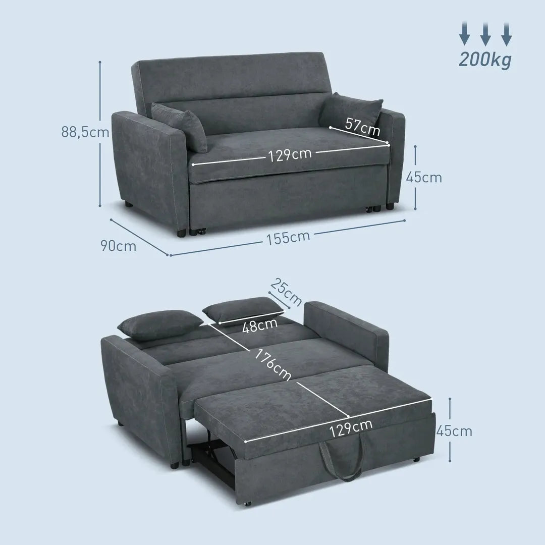 Slaapbank 2-Zits – Uitklapbaar – Houtframe – Donkergrijs – 155 × 90 × 88,5 cm – Max. 200 kg