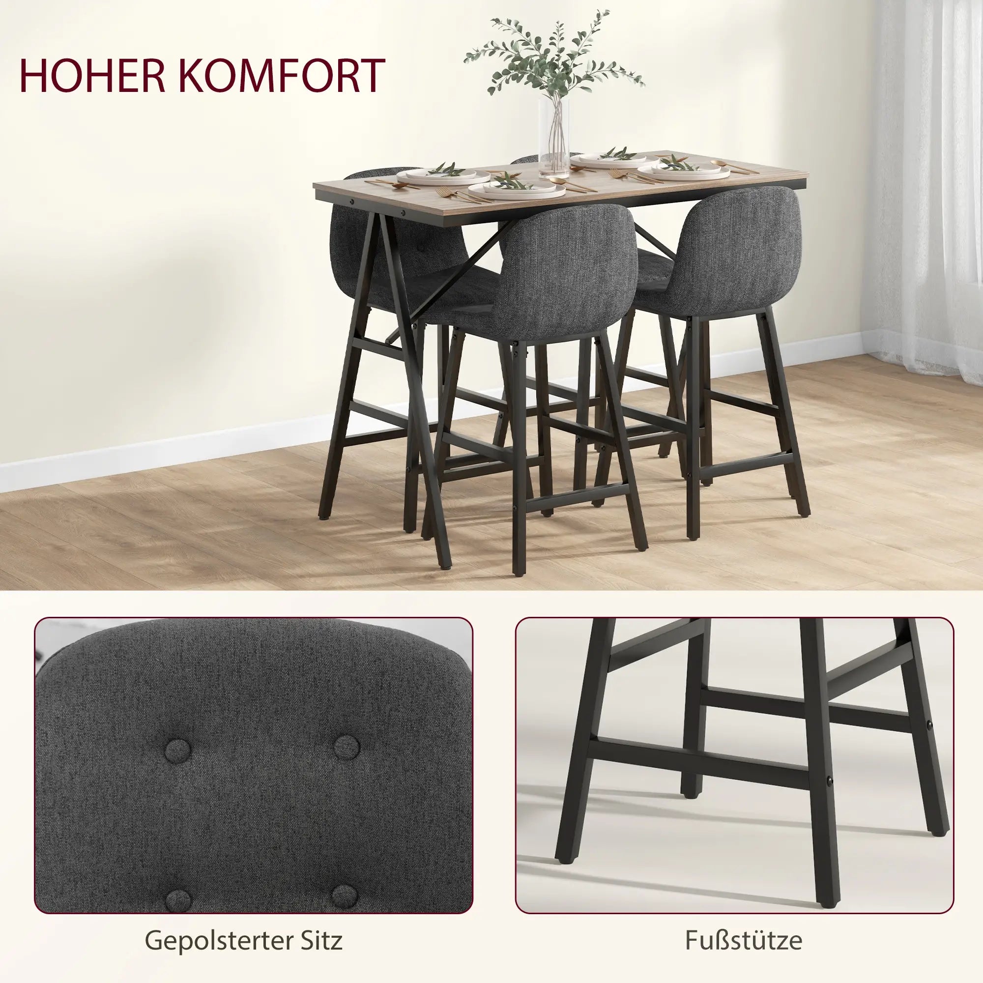 Barkrukset met Tafel – Industrieel Design, 2 Barkrukken met Stiksels, Lichtgrijs, 120 x 60 x 91 cm