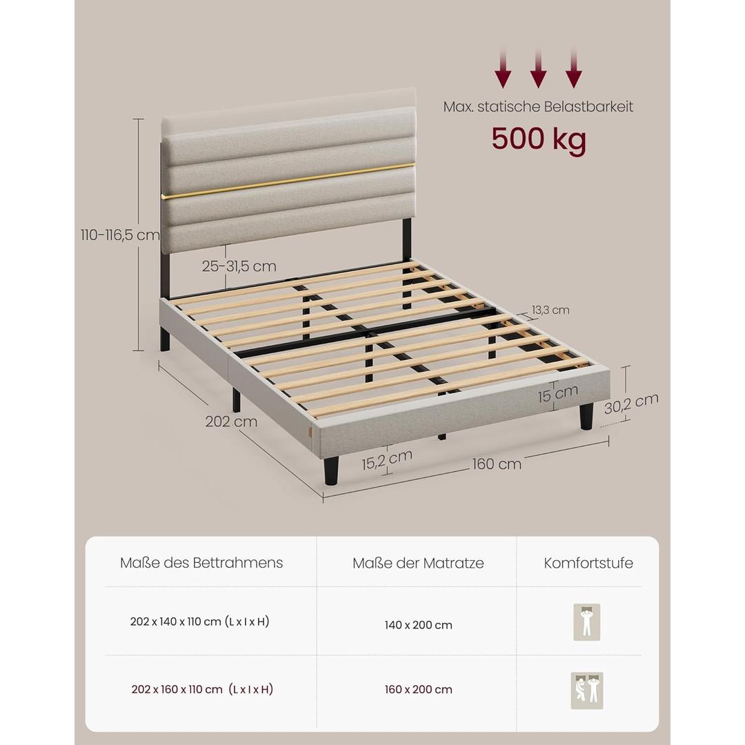 Gestoffeerd bedframe 160 × 200 cm – verstelbaar hoofdbord, staal en massief hout, modern design