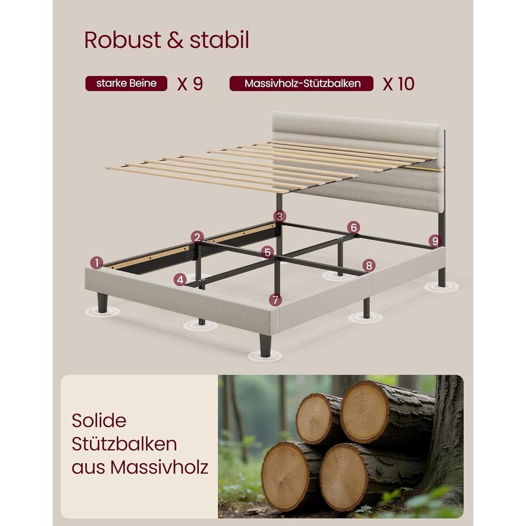 Gestoffeerd bedframe 160 × 200 cm – verstelbaar hoofdbord, staal en massief hout, modern design