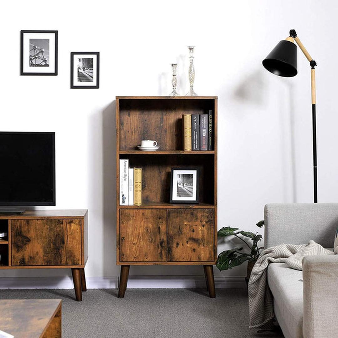 Retro Boekenkast met Opbergvakken – Wandkast in Houtlook voor Boeken en Decoratie, 60 × 30 × 120 cm