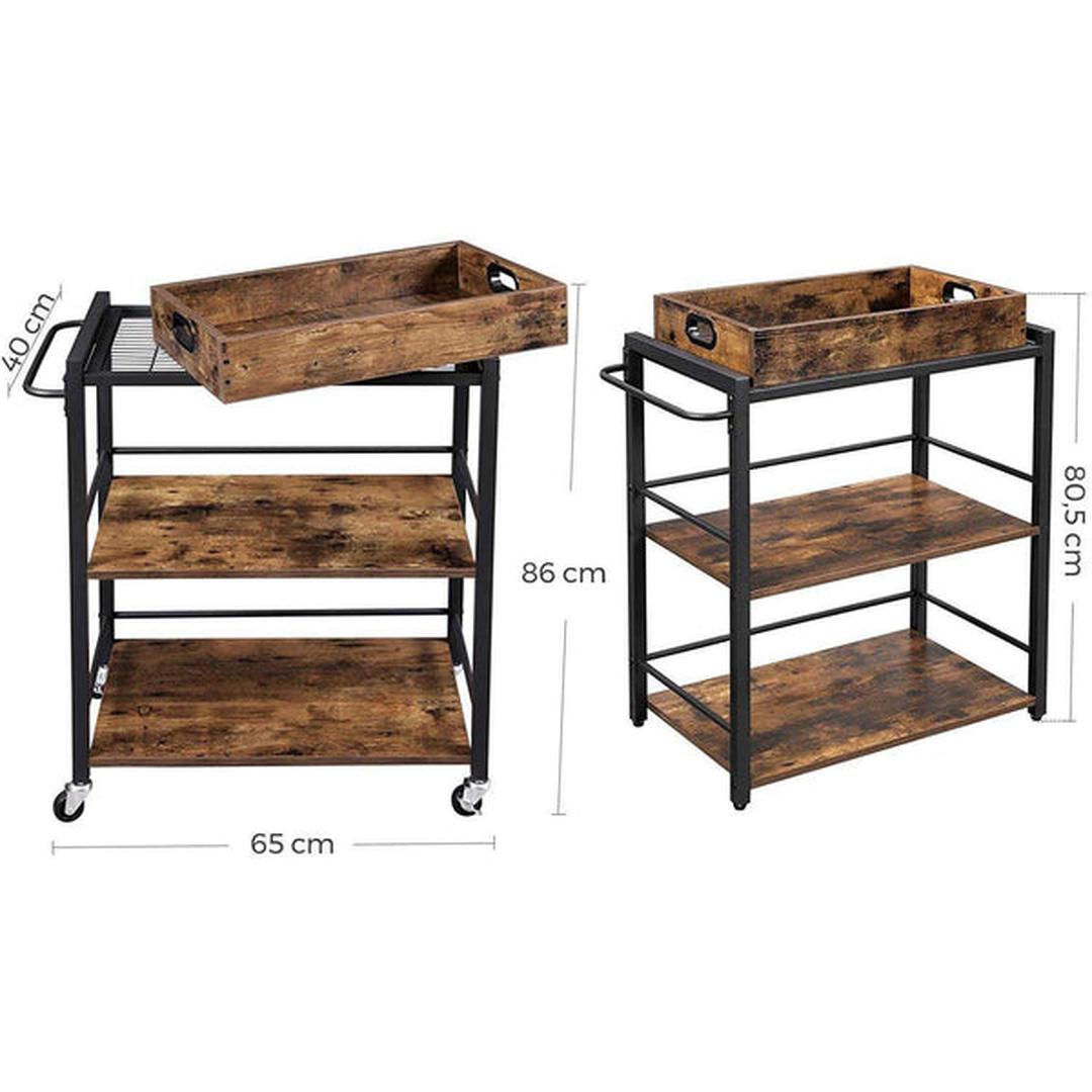 Keukenwagen in Vintage Bruin/Zwart – Serveerwagen met Legplanken en Wielen, ca. 65 × 40 × 85 cm