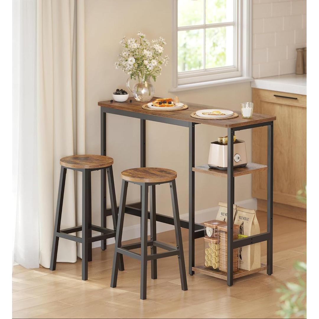 Bartafel met 2 barkrukken – eetset met opbergrek, industrieel design, compact en stevig