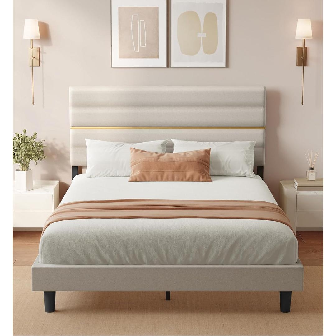 Gestoffeerd bedframe 160 × 200 cm – verstelbaar hoofdbord, staal en massief hout, modern design