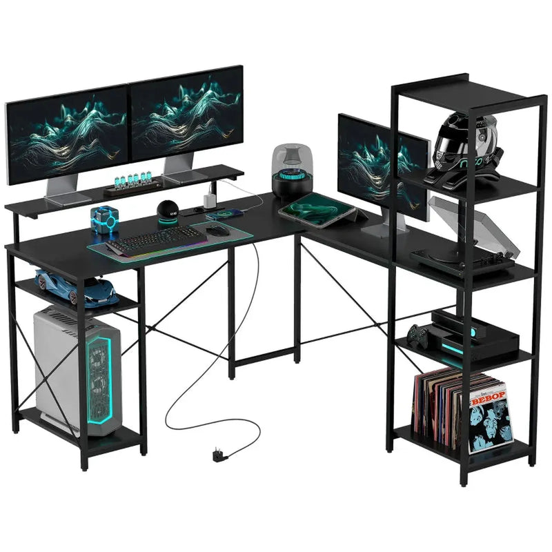 Hoekbureau L-vorm wit – Computertafel met monitorstandaard, planken en geïntegreerde oplaadstation voor thuis en kantoor