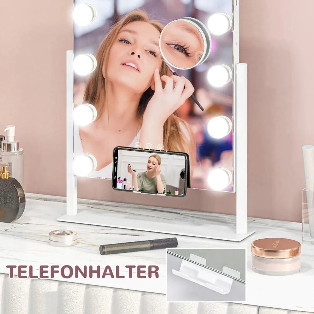 Make-up spiegel met LED-verlichting – 12 lampen met 3 lichtstanden – Hollywood stijl – Met USB-aansluiting – Wit