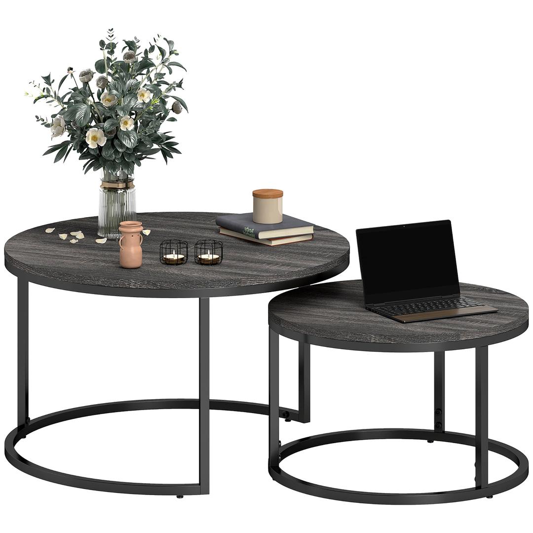 Salontafel Set – 2 Ronde Tafels – Industrieel Design – Metalen Frame – Blad in Marmerlook Grijs