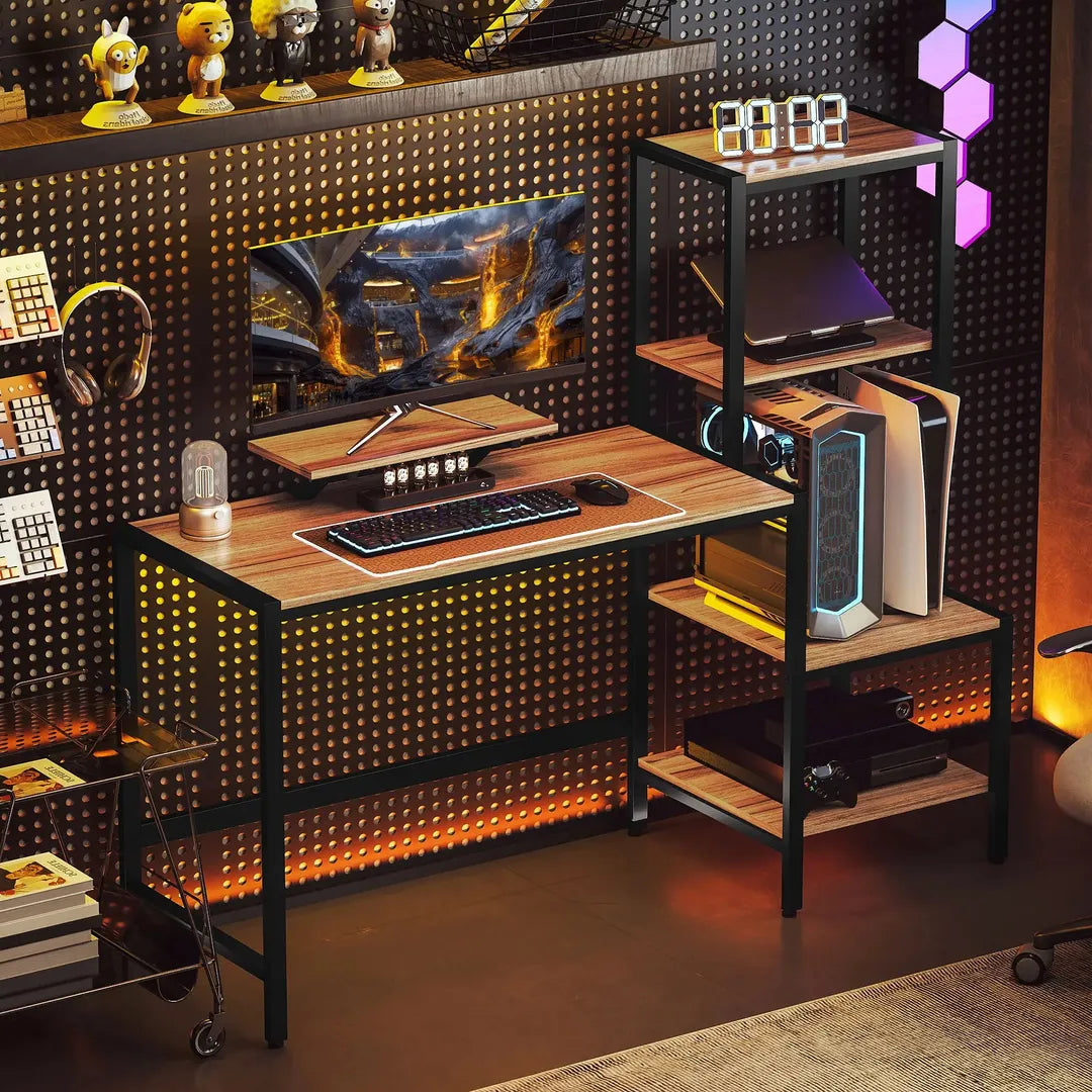 Computertafel met monitorstand en 4-laags rek – bureau in industriële stijl, bruin
