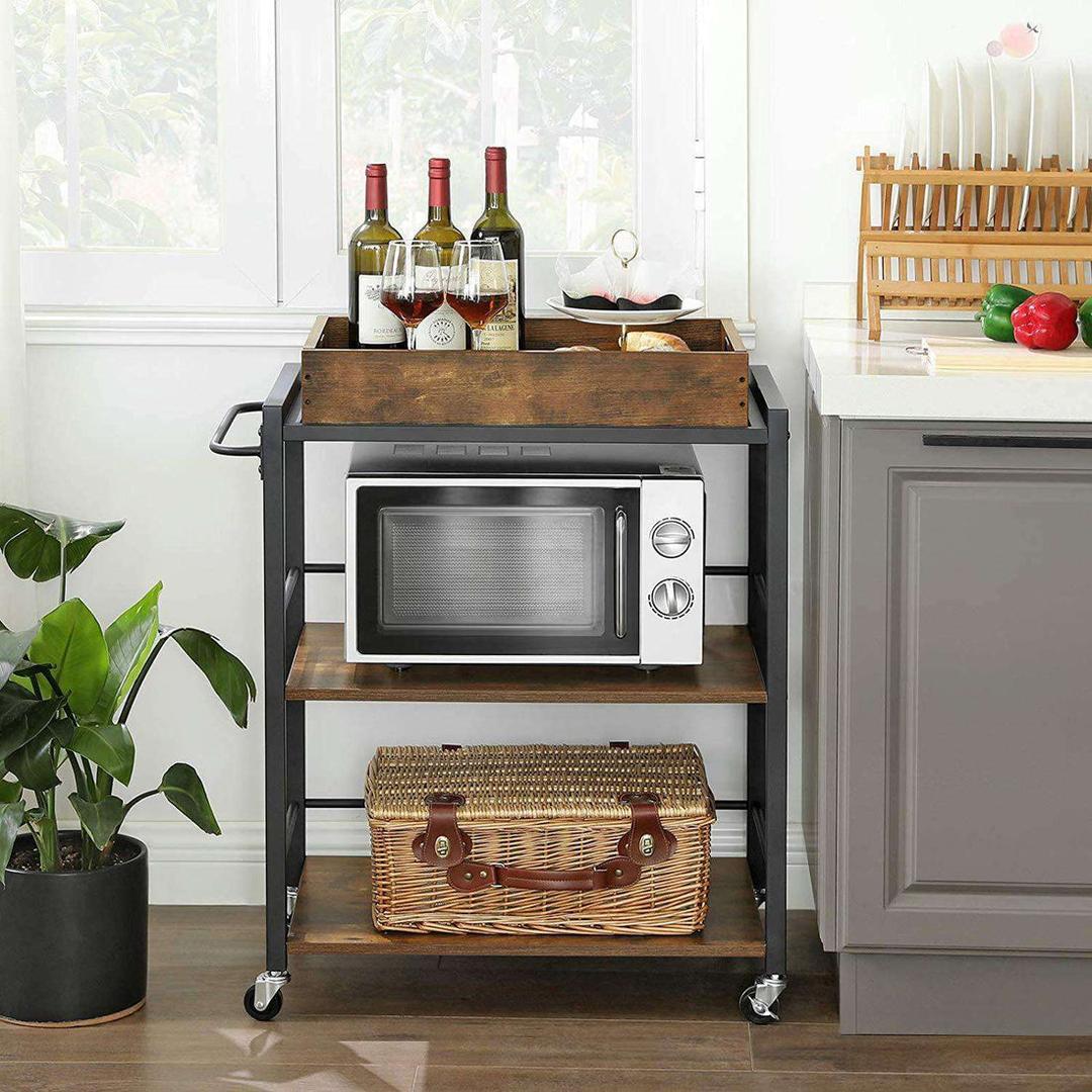 Keukenwagen in Vintage Bruin/Zwart – Serveerwagen met Legplanken en Wielen, ca. 65 × 40 × 85 cm