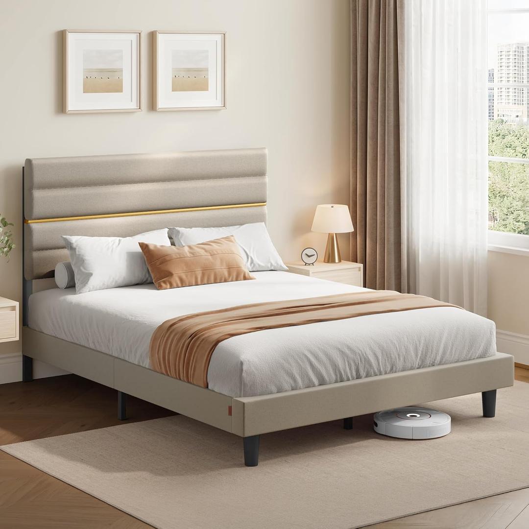 Gestoffeerd bedframe 160 × 200 cm – verstelbaar hoofdbord, staal en massief hout, modern design