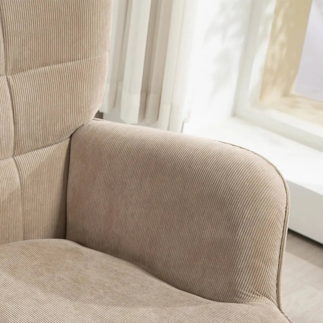 Fauteuil met Hocker – Relaxstoel in Cordstof met Armleuningen en Houten Poten, Grijs, voor Woonkamer