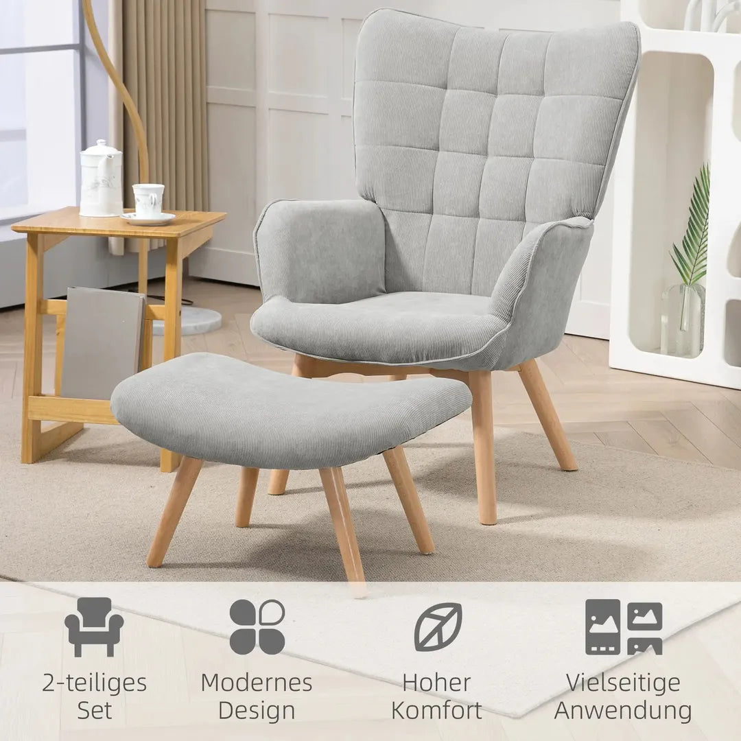 Fauteuil met Hocker – Relaxstoel in Cordstof met Armleuningen en Houten Poten, Grijs, voor Woonkamer