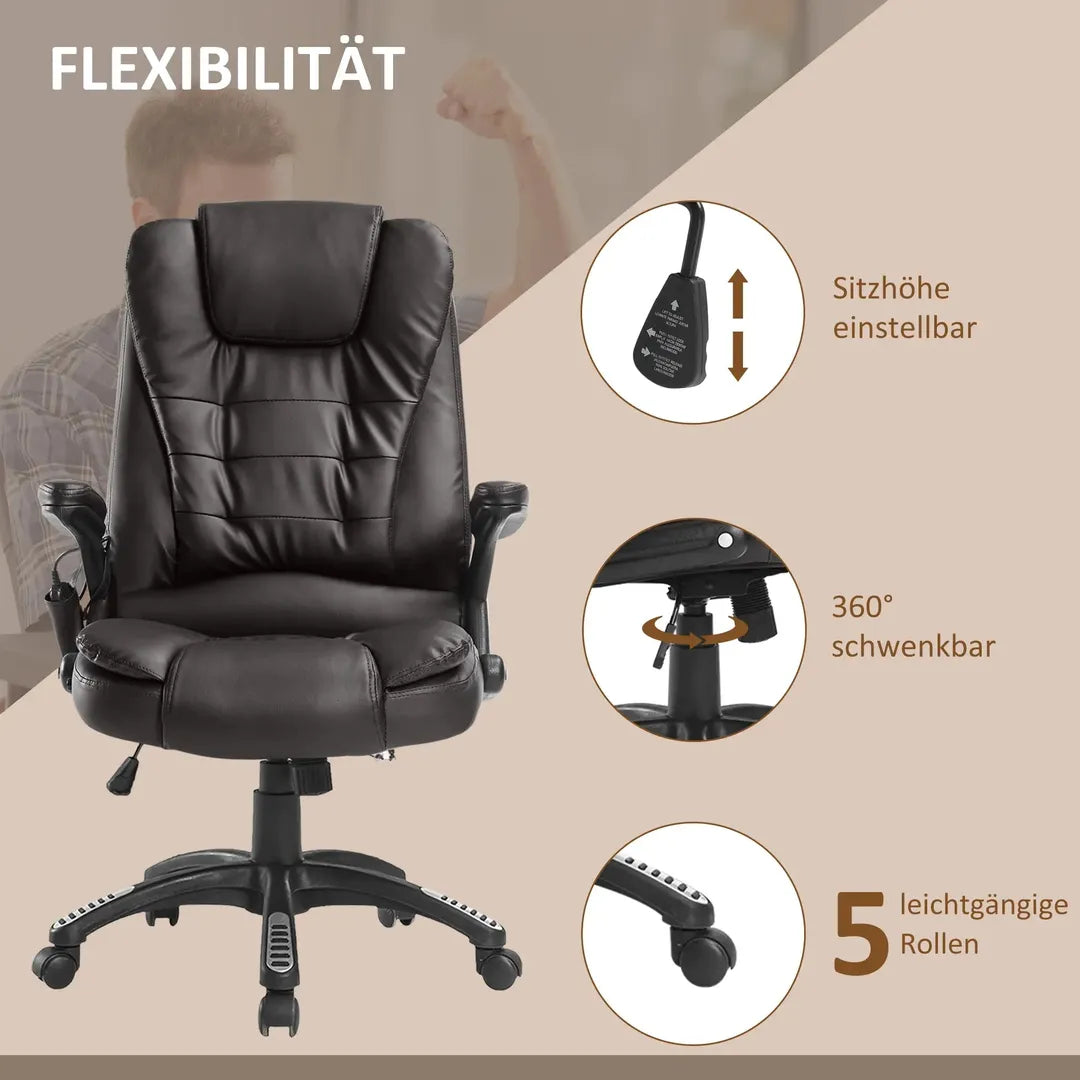 Bureaustoel met massage- en verwarmingsfunctie – verstelbaar, kantelbaar en 360° draaibaar, kunstleder, bruin
